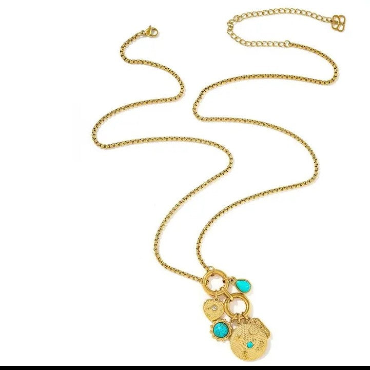 Hemani Turquoise Howlite & Gold Charm Necklace. Boho Betty