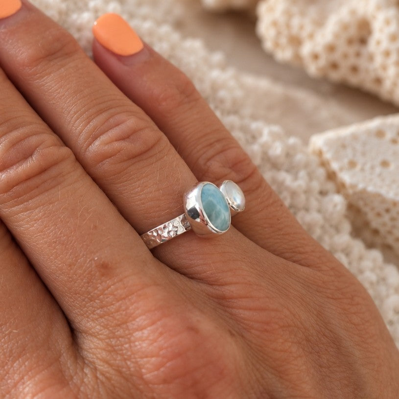 Hammered Larimar & Pearl Adjustable Sterling Silver Ring