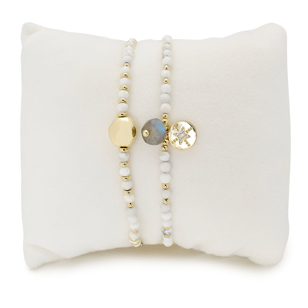 MINSK WHITE 2 LAYERED GEMSTONE GOLD BRACELET STACK