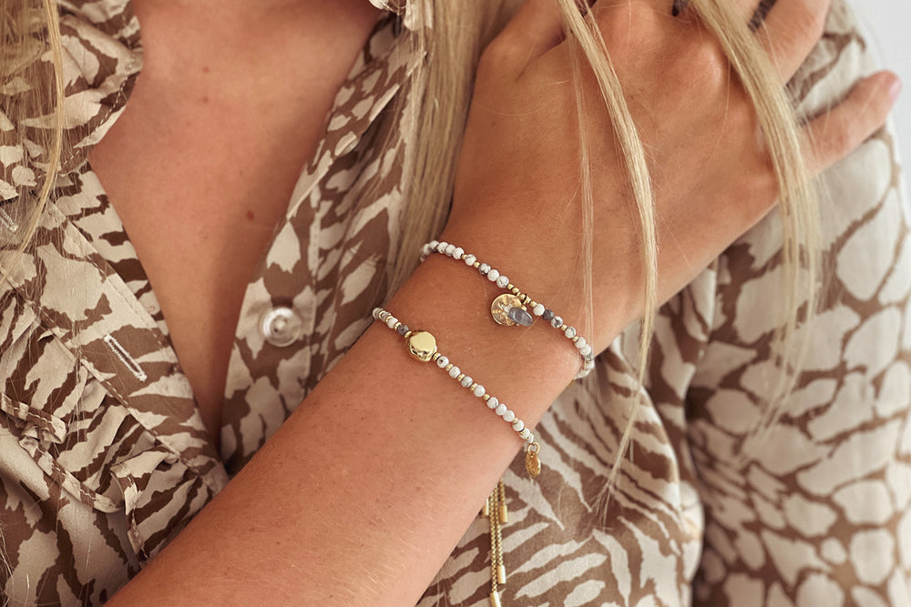 MINSK WHITE 2 LAYERED GEMSTONE GOLD BRACELET STACK