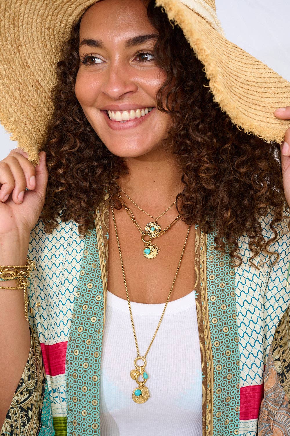 Hemani Turquoise Howlite & Gold Long Charm Pendant Necklace