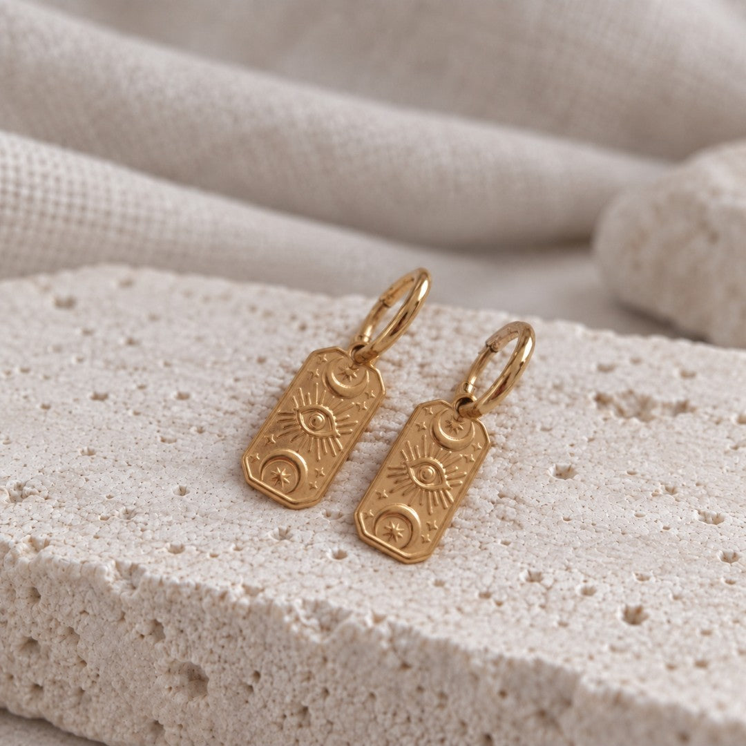 Celestial Gold Tag Huggie Hoop Earrings