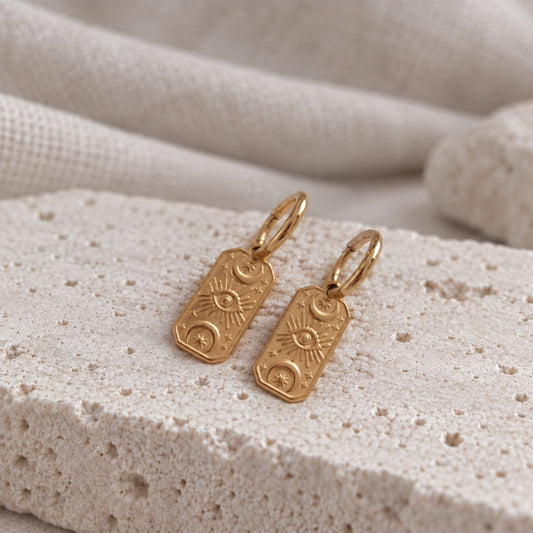 Celestial Gold Tag Huggie Hoop Earrings
