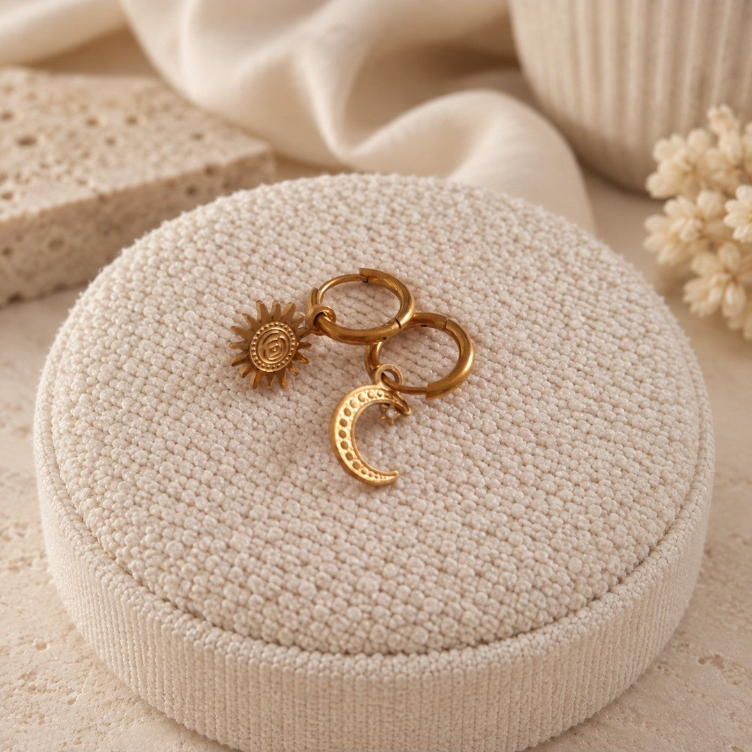 Celestial Sun & Moon Waterproof Huggie Hoop Earrings
