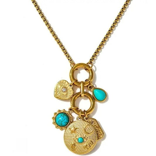Hemani Turquoise Howlite & Gold Charm Necklace. Boho Betty
