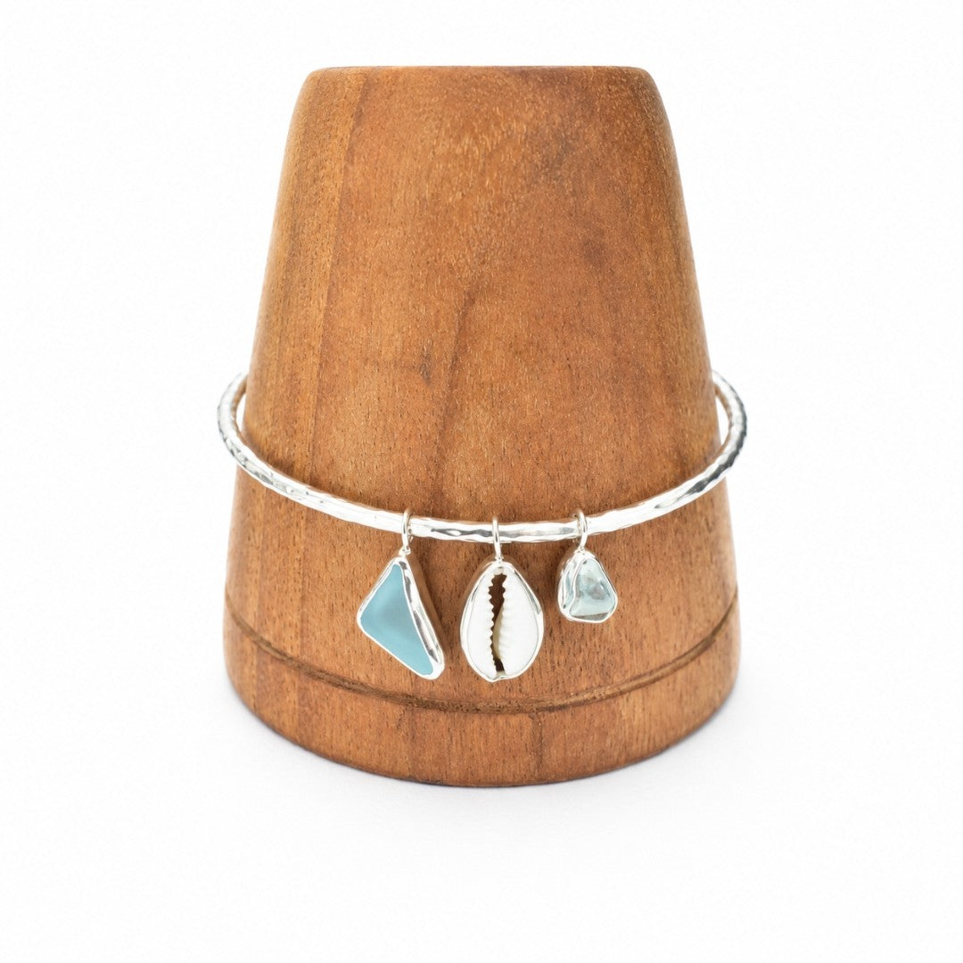 925 Sterling Silver Sea Glass & Cowrie Shell Bangle