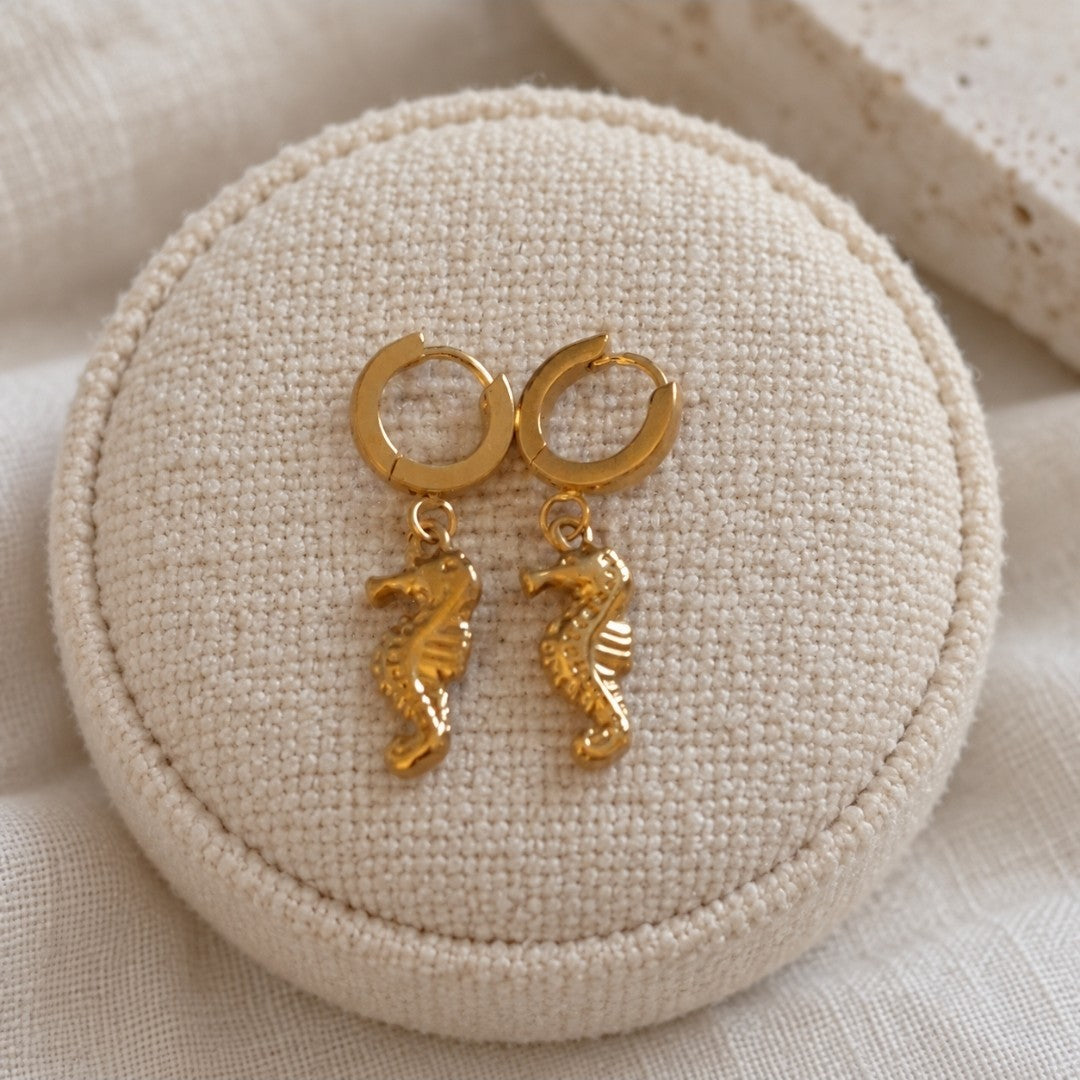 Gold Seahorse Huggie Hoop Earrings