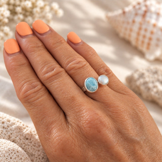 Hammered Larimar & Pearl Adjustable Sterling Silver Ring