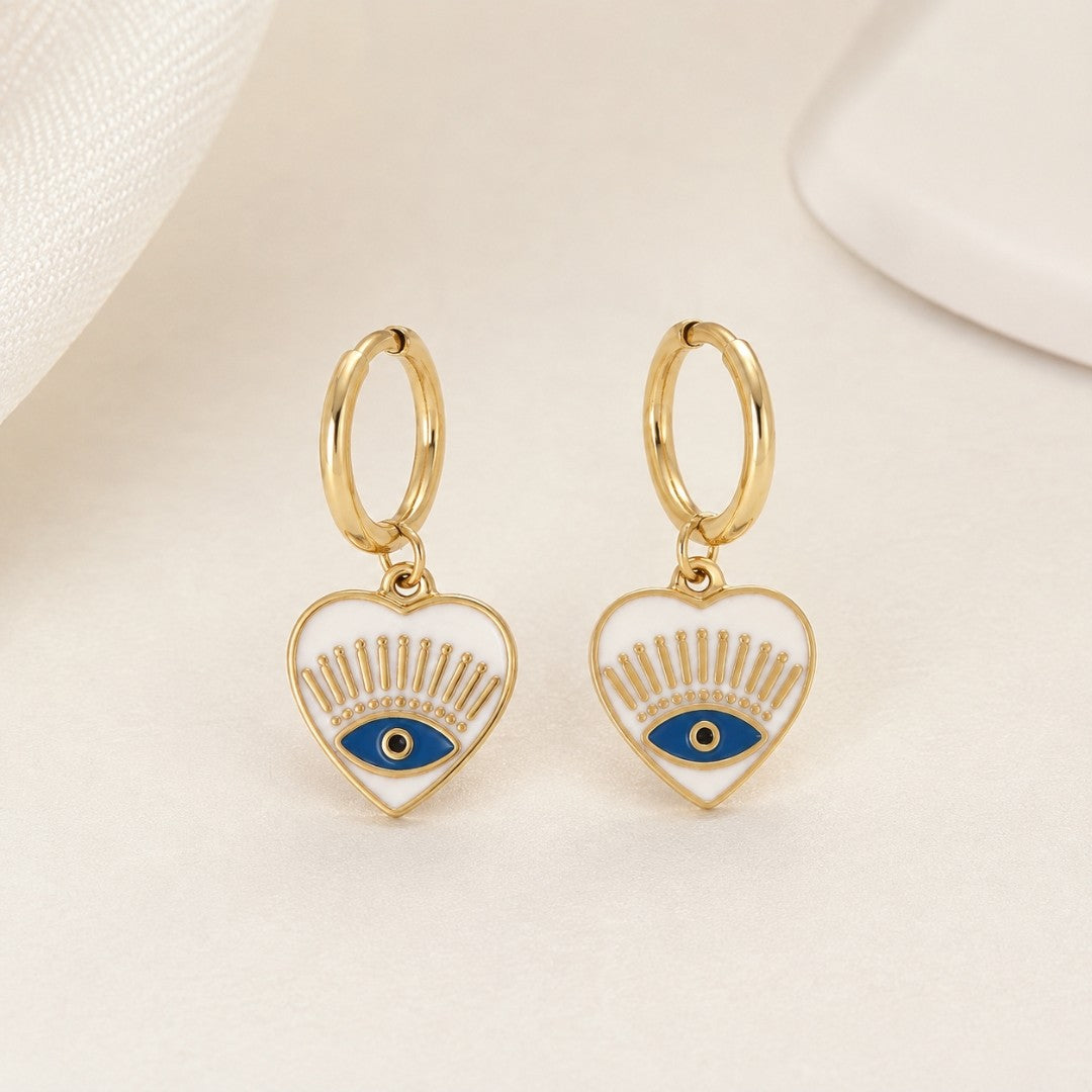 Evil Eye Heart Huggie Earrings